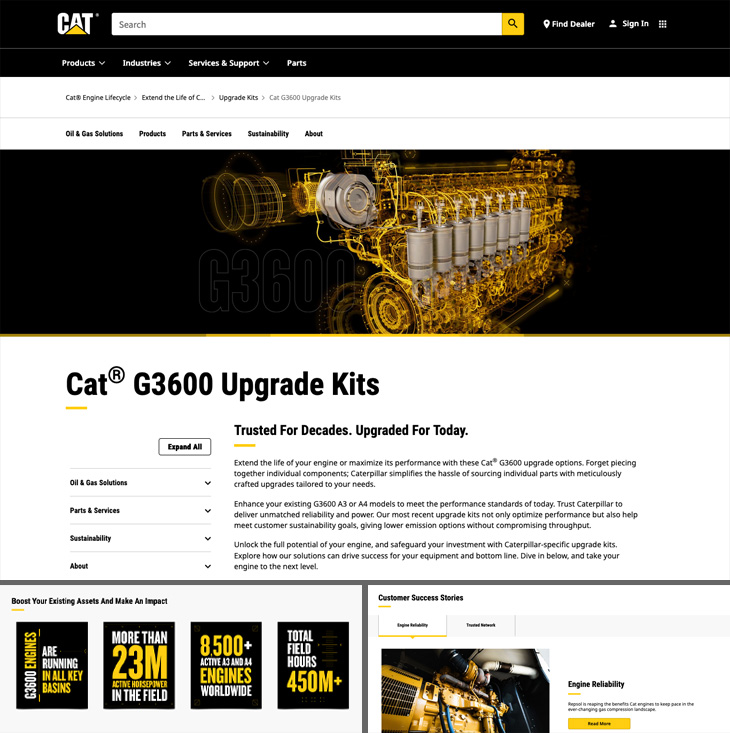 Cat G3600 Upgrade Kits Page on Cat.com